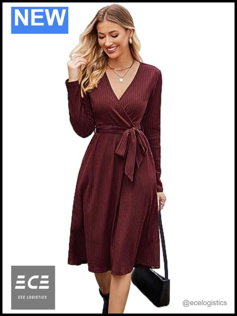 Ribbed Knit Midi Sweater Dress Belted V-Neck Long Sleeve Business Casual